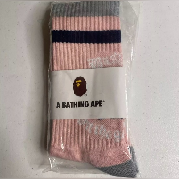 BAPE Pink A Bathing Ape Head Logo College Stripes Crew Socks - new - Picture 4 of 4